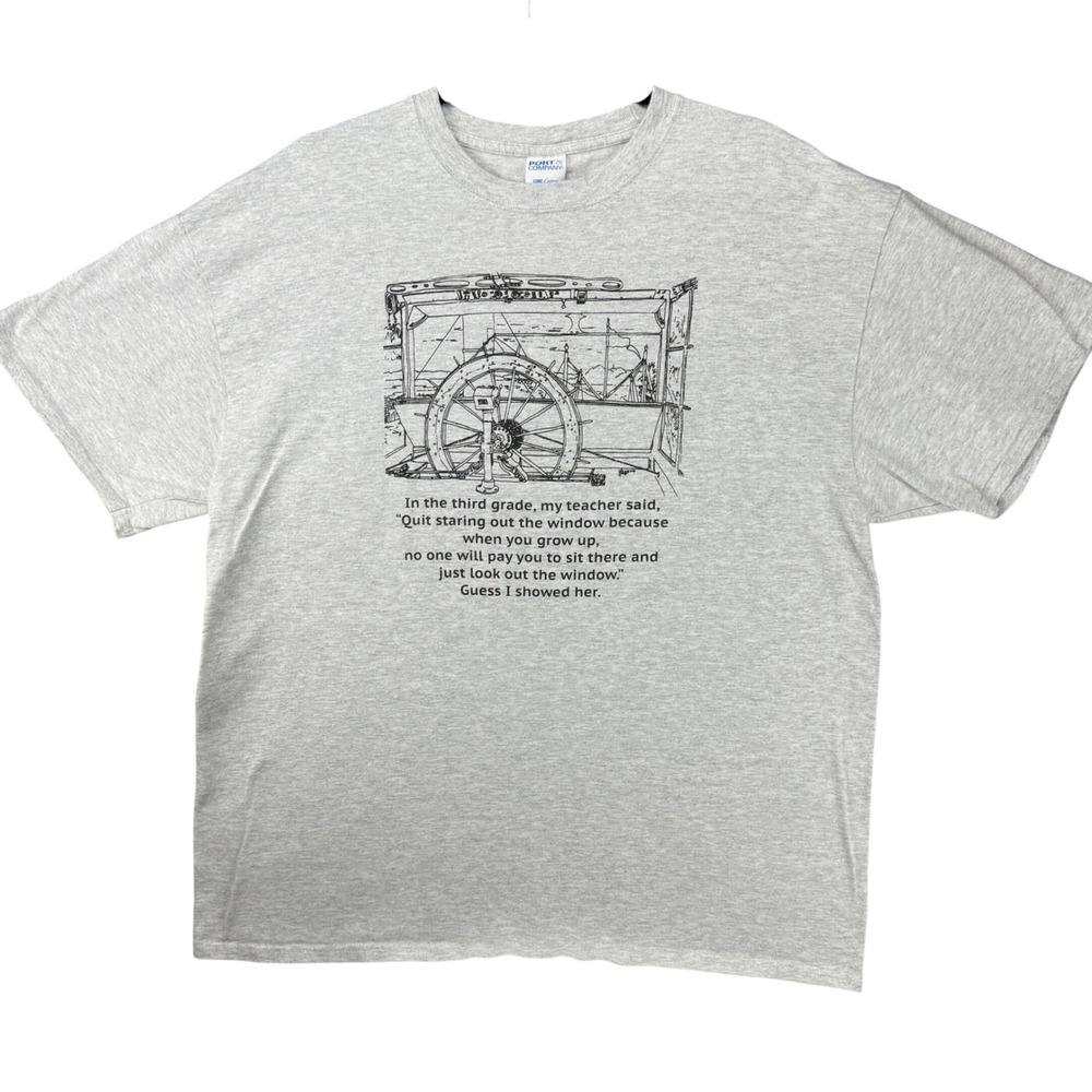 Port & Company Riverboat Twilight Gray Graphic T-Shirt XL Fishing Tugboat Barge